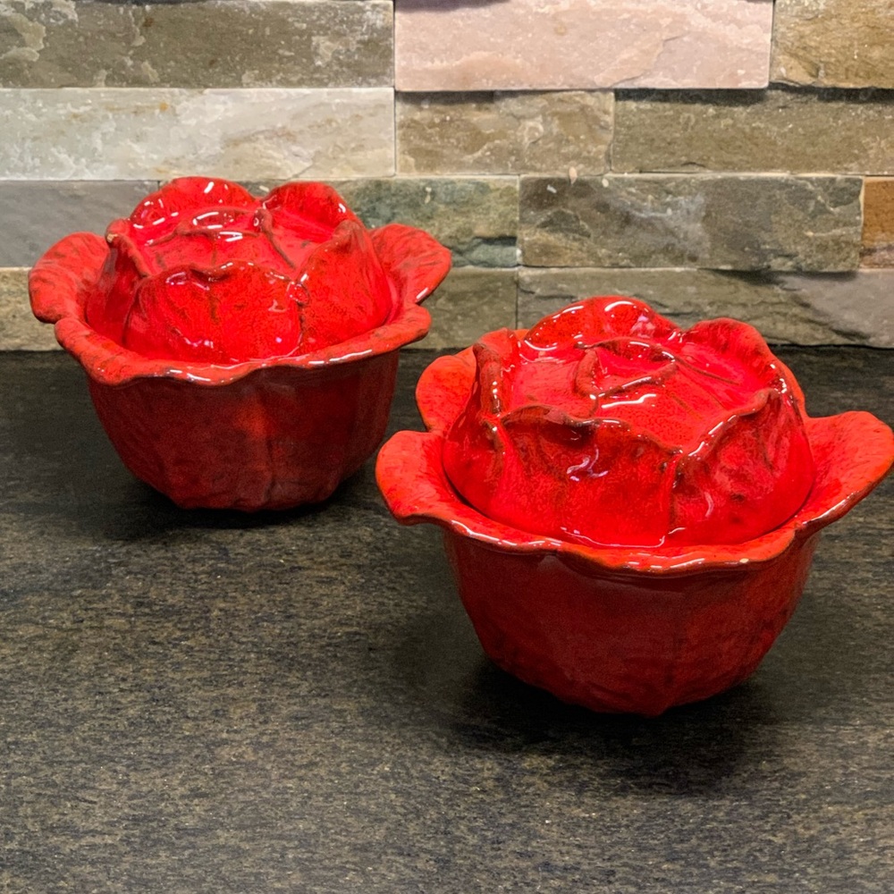 PEASANT VILLAGE  | Set of 2 | Red Cabbage Majolica Bowls with Lids Small chips)